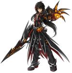  1boy armor belt black_boots black_hair blackjd83 boots claws coat elsword gloves knee_boots long_hair male_focus multicolored_hair official_art pants raven_(elsword) redhead solo streaked_hair sword two-tone_hair weapon white_background 
