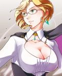  1girl blonde_hair breasts cape earrings glasses glynda_goodwitch green_eyes jewelry light_smile nishiura_some rwby smile 