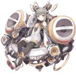  1girl album_cover bare_shoulders black_legwear boots breasts cleavage cleavage_cutout cover detached_sleeves dress grey_eyes hair_ornament long_sleeves nanashina open_mouth original silver_hair sitting solo speaker white_dress wide_sleeves 