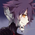 1boy black_hair chin damaged glint gradient gradient_background inazume-panko kingdom_hearts lowres male_focus parted_lips smile solo spiky_hair spoilers tagme vanitas yellow_eyes 