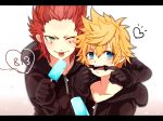  2boys :p ;p axel_(kingdom_hearts) black_coat blonde_hair blue_eyes blush character_name facial_mark food gloves green_eyes heart height_difference hood ice_cream inazume-panko kingdom_hearts male_focus mouth_pull multiple_boys one_eye_closed organization_xiii redhead roxas smile sweatdrop tongue tongue_out 