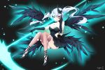  1girl black_wings blue_eyes cyphers feathered_wings gloves heterochromia long_hair looking_at_viewer red_eyes ripe.c thigh-highs torn_clothes torn_thighhighs twintails white_hair wings 