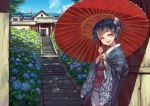  1girl :d bangs black_hair floral_print flower hair_ribbon holding_umbrella house hydrangea japanese_clothes kimono lens_flare looking_at_viewer mole mole_under_mouth obi open_mouth oriental_umbrella original outdoors plant red_eyes ribbon sash short_hair side_ponytail sky smile solo stairs standing stone_stairs suzuno_(bookshelf) tile_roof umbrella 