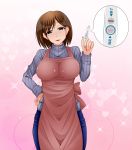  1girl apron blush breasts brown_eyes brown_hair female large_breasts looking_at_viewer mole open_mouth pregnancy_test ribbed_sweater shinken-zemi short_hair smile solo sparkle sweater tk_(butakuma) turtleneck turtleneck_sweater zemi_mama 