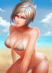  1girl badcompzero beach bikini breasts cleavage large_breasts league_of_legends pink_eyes riven_(league_of_legends) short_hair side-tie_bikini signature silver_hair solo swimsuit water white_bikini white_swimsuit 