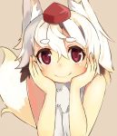  1_mutsuki 1girl animal_ears eyebrows hands_on_own_cheeks hands_on_own_face hat inubashiri_momiji looking_at_viewer red_eyes short_hair smile solo tail tokin_hat touhou white_hair wolf_ears wolf_tail 
