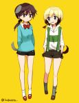  2girls alternate_costume animal_ears black_ribbon blonde_hair blue_eyes bob_cut bow brown_eyes brown_hair dog_ears dog_tail erica_hartmann flower flower_in_mouth gertrud_barkhorn hair_ribbon hands_in_pockets kodamari long_hair long_sleeves looking_at_another mary_janes mouth_hold multicolored_hair multiple_girls red_bow red_rose ribbon rose shoes short_hair shorts simple_background smile strike_witches suspenders tail two-tone_hair walking yellow_background 