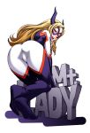  1girl :d ass bent_over blonde_hair bodysuit boku_no_hero_academia character_name chiba_toshirou drill_hair from_behind half-closed_eyes kneeling long_hair looking_back mask mount_lady naughty_face open_mouth pink_eyes smile solo 