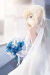  1girl absurdres ahoge artist_name blonde_hair blue_eyes bouquet dress fate/stay_night fate_(series) flower from_side highres looking_at_viewer magicians_(zhkahogigzkh) saber smile solo veil wedding_dress 