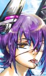  1girl absurdres blue_sky close-up eyelashes eyepatch face headgear highres inukami_(lupusinukami) kantai_collection looking_at_viewer mouth_hold portrait purple_hair short_hair signature sky solo tenryuu_(kantai_collection) yellow_eyes 