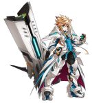  1boy blackjd83 blonde_hair boots chung_(elsword) elsword gauntlets gloves greaves green_eyes long_hair male_focus official_art pants spiky_hair standing surcoat white_background 