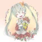  1girl :d ^_^ aqua_hair blush bouquet bow closed_eyes collared_shirt dated detached_sleeves flower hair_bow happy_birthday hatsune_miku holding holding_flower mitsuka necktie open_mouth shirt skirt smile solo twintails vocaloid 