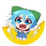  1girl :d alcohol beer beer_mug blue_eyes blue_hair blush bow character_name chibi cirno dress foam hair_bow happy kuresento looking_at_viewer open_mouth short_hair smile solo touhou 