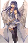  1girl angel_wings black_legwear blue_eyes blue_hair detached_sleeves highres jewelry lanlanlu_(809930257) long_hair necklace reah_(ys) skirt solo thigh-highs white_background white_skirt white_wings wings ys 