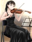  1girl bare_shoulders black_hair brown_eyes dress glasses instrument original ponytail sitting solo tea_(nakenashi) violin 