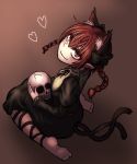  1girl animal_ears blush brown_eyes brown_hair cat_ears cat_tail dress heart highres kaenbyou_rin looking_at_viewer miata_(pixiv) multiple_tails pointy_ears simple_background sitting skull smile solo tail touhou wariza 