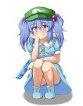  1girl blue_hair blush boots cabbie_hat dress grin hair_bobbles hair_ornament hat head_rest highres kawashiro_nitori key long_hair looking_at_viewer mono_(mono60) rubber_boots smile solo squatting touhou two_side_up violet_eyes water_gun 