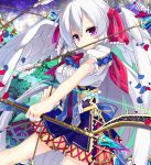  1girl arrow bow_(weapon) feathered_wings hair_ribbon holding looking_at_viewer mouth_hold nyori original petals ribbon silver_hair solo violet_eyes weapon wings 
