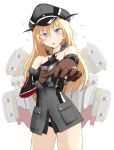  1girl bare_shoulders bismarck_(kantai_collection) blonde_hair blue_eyes blush breasts detached_sleeves gloves hat highres jewelry kantai_collection long_hair looking_at_viewer military military_uniform open_mouth outstretched_arm peaked_cap ring sasaki_akira_(ugc) solo uniform 