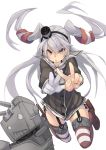  1girl amatsukaze_(kantai_collection) brown_eyes double_v fu-ta garter_straps gloves hairband kantai_collection long_hair looking_at_viewer open_mouth rensouhou-kun silver_hair simple_background single_glove solo striped striped_legwear thigh-highs two_side_up v white_background 