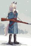  1girl animal_ears gun noconol rifle snowing tail uniform weapon 