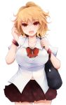  1girl :d arano_oki bag blonde_hair blush bra breasts highres lace-trimmed_bra large_breasts looking_at_viewer open_mouth original red_eyes school_bag school_uniform see-through short_sleeves simple_background skirt smile solo underwear white_background 
