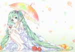  1girl apple barefoot cherry chico152 dress food fruit green_eyes green_hair hair_ribbon hatsune_miku head_wreath lemon long_hair looking_at_viewer orange ribbon solo squatting strap_slip twintails umbrella very_long_hair vocaloid 