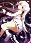  1girl ahoge bangs blush boots detached_sleeves glowing isla_(plastic_memories) long_hair looking_back plastic_memories red_eyes rizky_(strated) skirt smile solo twintails underwear uniform very_long_hair white_boots white_hair 