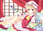  1girl ajiriko ascot bed blonde_hair bloomers canopy_bed cup dress flandre_scarlet mob_cap pillow puffy_short_sleeves puffy_sleeves red_dress red_eyes shirt short_sleeves side_ponytail smile solo teacup touhou underwear wings wrist_cuffs 