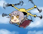  1girl :3 asanagi_hinata brown_eyes chibi clouds drone flying hair_ornament hairclip helicopter idolmaster idolmaster_cinderella_girls koshimizu_sachiko no_nose open_mouth short_hair skirt sky smile solo 