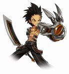  1boy angry armor belt black_hair blackjd83 choker claws elsword fighting_stance forehead male_focus official_art pants raven_(elsword) scar shirtless solo spiky_hair sword weapon white_background yellow_eyes 