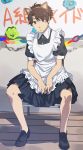  1boy alternate_costume brown_eyes brown_hair crossdressinging enmaided kaizuka_inaho kurumiya_hato maid sitting solo 