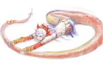  1girl blue_eyes circlet echidna_(p&amp;d) headdress lamia long_hair lying monster_girl necyda on_stomach puzzle_&amp;_dragons ribbon simple_background snake_tail solo tail tail_grab tail_ornament tail_ribbon vambraces white_background white_hair 