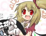  bird blonde_hair blue_eyes blush chibi commentary_request fang flying_sweatdrops gomasamune holding kantai_collection mikoto_freesia_scarlet open_mouth red_eyes shinkaisei-kan short_hair side_ponytail sparkle touhou wings 