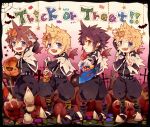  4boys alternate_costume bat black_hair blonde_hair blue_eyes bow brown_hair bucket candy commentary_request cross fang gloves halloween inazume-panko jack-o&#039;-lantern kingdom_hearts lollipop looking_at_viewer male_focus mask multiple_boys open_mouth pumpkin roxas smile sora_(kingdom_hearts) spiky_hair spoilers standing trick_or_treat unversed v vanitas ventus wings 