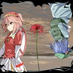  backpack bag expressionless facing_away flower from_behind hair_bobbles hair_ornament highres kawashiro_mitori kawashiro_nitori layered_dress layered_sleeves lock original pink_hair red_eyes ripples road_sign short_hair sign sketch skirt skirt_set spider_lily symbolism tan_background touhou twintails upside-down water yamato_(muchuu_paradigm) 