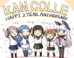  &gt;_&lt; 5girls :d ^_^ black_legwear blue_hair bow brown_eyes brown_hair closed_eyes engiyoshi english folded_ponytail fubuki_(kantai_collection) hair_bobbles hair_bow hair_ornament hair_ribbon headgear inazuma_(kantai_collection) kantai_collection long_hair multiple_girls murakumo_(kantai_collection) open_mouth pantyhose pleated_skirt remodel_(kantai_collection) ribbon salute samidare_(kantai_collection) sazanami_(kantai_collection) school_uniform serafuku skirt smile thigh-highs translation_request twintails very_long_hair white_hair xd zettai_ryouiki 