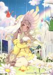  1000marie 1girl animal blonde_hair daisy dress ducking flower granatha_eternal hat long_hair looking_at_viewer parted_lips sitting sleeveless wariza water yellow_dress yellow_eyes 