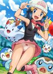  1girl :d armpits beanie blue_eyes blue_hair boots buneary cyndaquil hair_ornament hat hikari_(pokemon) long_hair mamoswine open_mouth pachirisu panties pantyshot piplup pokemoa pokemon pokemon_(anime) pokemon_(creature) scarf skirt smile solo togekiss underwear v watch 