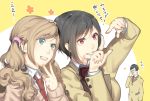  2girls aldnoah.zero amifumi_inko black_hair brown_hair green_eyes kurumiya_hato multiple_girls nina_klein school_uniform translation_request tsumugi_yutaro twintails violet_eyes 