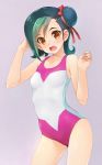  1girl green_hair hair_bun highres mizuki_kotori_(yuu-gi-ou_zexal) multicolored_hair one-piece_swimsuit ribbon school_swimsuit short_hair swimsuit two-tone_hair wacchi yuu-gi-ou yuu-gi-ou_zexal 