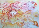  1girl bubble fish goldfish highres limited_palette long_hair looking_at_viewer mr._j.w original red_eyes redhead traditional_media watercolor_(medium) 