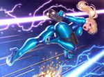  1girl ass blonde_hair blue_eyes bodysuit electricity gun laser long_hair metroid open_mouth ponytail running samus_aran seeker_(shzyu) shiny shiny_clothes solo weapon 