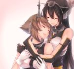  2girls black_gloves black_hair blush breasts brown_hair closed_eyes gloves gradient gradient_background hair_ornament hug kantai_collection kyara_(tsukushi0306) long_hair midriff multiple_girls mutsu_(battleship) mutsu_(kantai_collection) nagato_(kantai_collection) pink_background short_hair simple_background white_gloves yuri 