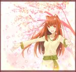  1girl animal_ears border brown_hair highres holo long_hair outstretched_arms red_eyes smile solo spice_and_wolf tree uyu_(keyakinoki) wolf_ears 