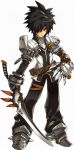  1boy armor belt black_hair claws elsword gloves hair_over_one_eye jacket male_focus official_art pants raven_(elsword) ress serious shoes solo spiky_hair standing sword weapon white_background yellow_eyes 