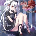  1girl album_cover blush cover dress long_hair looking_at_viewer open_mouth original red_eyes sakamoto-cat silver_hair sitting solo two_side_up 
