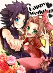  1boy 1girl aerith_gainsborough black_hair blue_eyes bow brown_hair clenched_hand commentary_request couple crisis_core_final_fantasy_vii dress english final_fantasy final_fantasy_vii flower green_eyes grin hair_bow hair_ribbon heart inazume-panko long_hair looking_at_viewer open_mouth parted_lips ribbon smile spiky_hair v zack_fair 