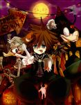  alternate_costume blue_eyes brown_hair commentary_request directional_arrow disney donald_duck fang gloves goofy halloween inazume-panko kingdom_hearts looking_at_viewer male_focus mask mummy pumpkin sign sitting smile sora_(kingdom_hearts) spiky_hair tagme tongue tongue_out v wings 