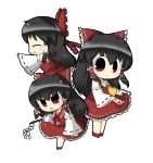  1girl :d ^_^ bare_shoulders black_hair bow chibi closed_eyes detached_sleeves hair_bow hakurei_reimu highres long_hair open_mouth simple_background smile touhou white_background wide_sleeves yuasan 